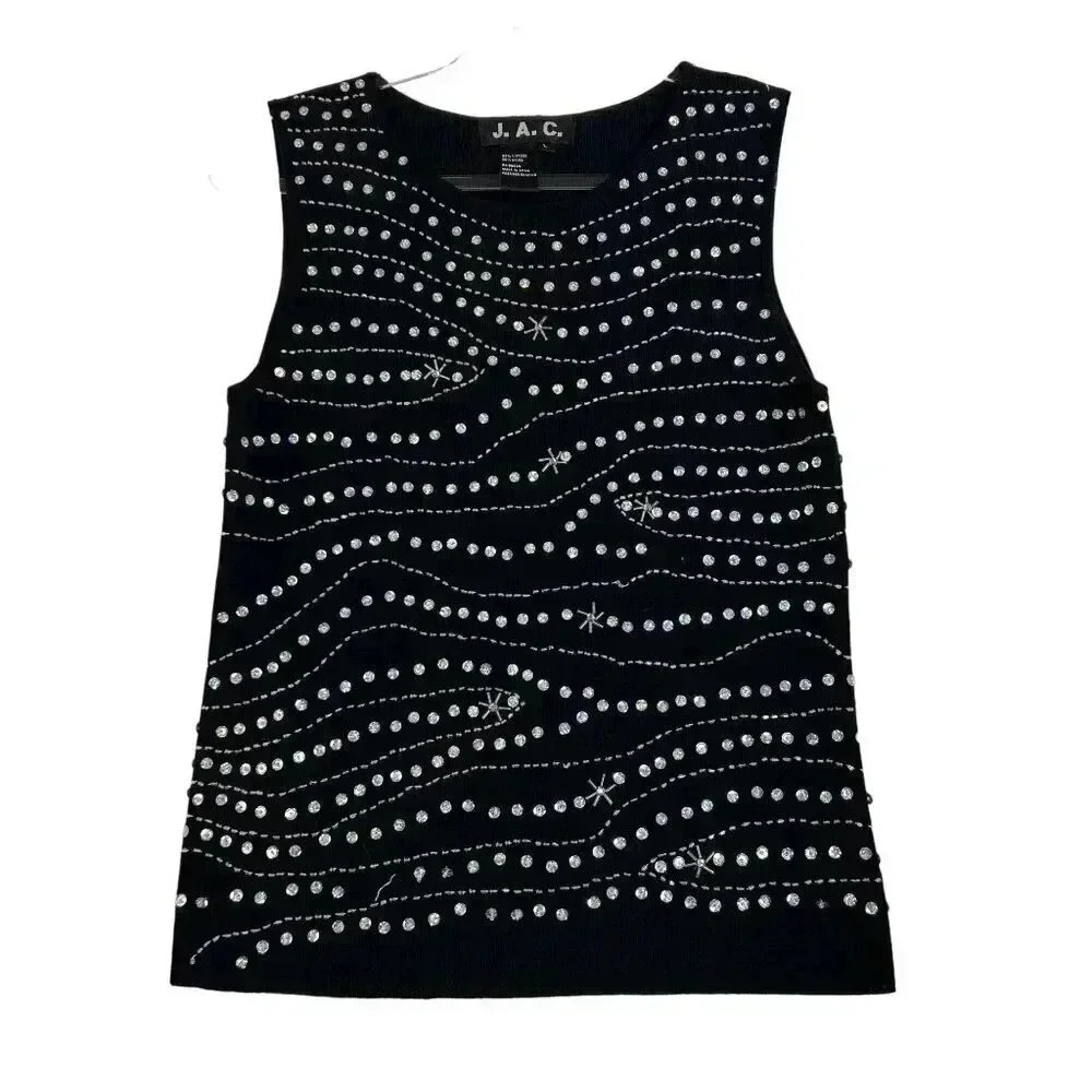 Vintage Y2K JAC Size L Top stretch knit sequin beaded sleeveless shirt grunge